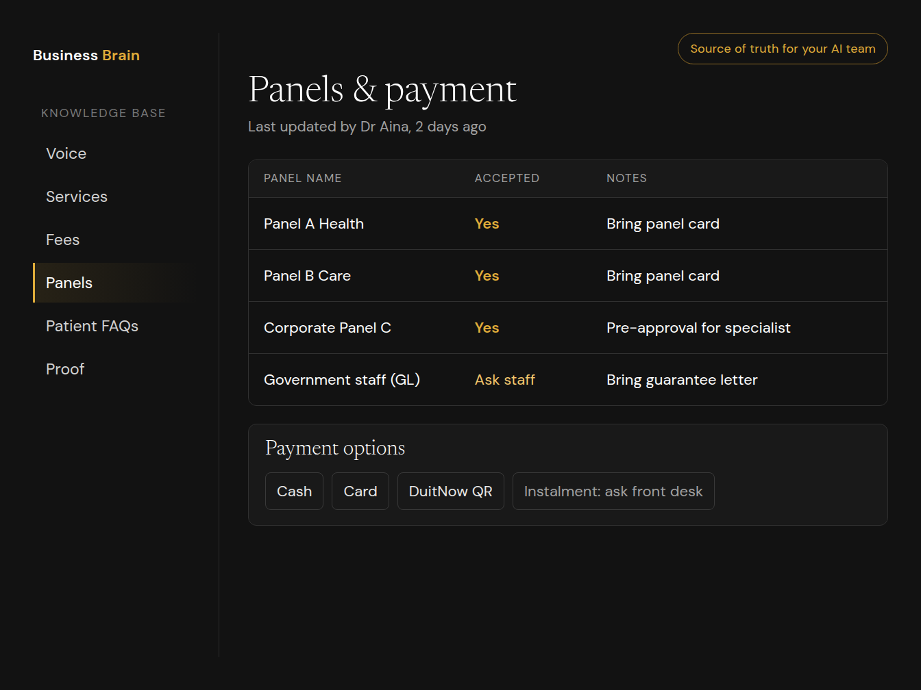 Demo of a clinic Business Brain showing the Panels and payment page for a sample clinic
