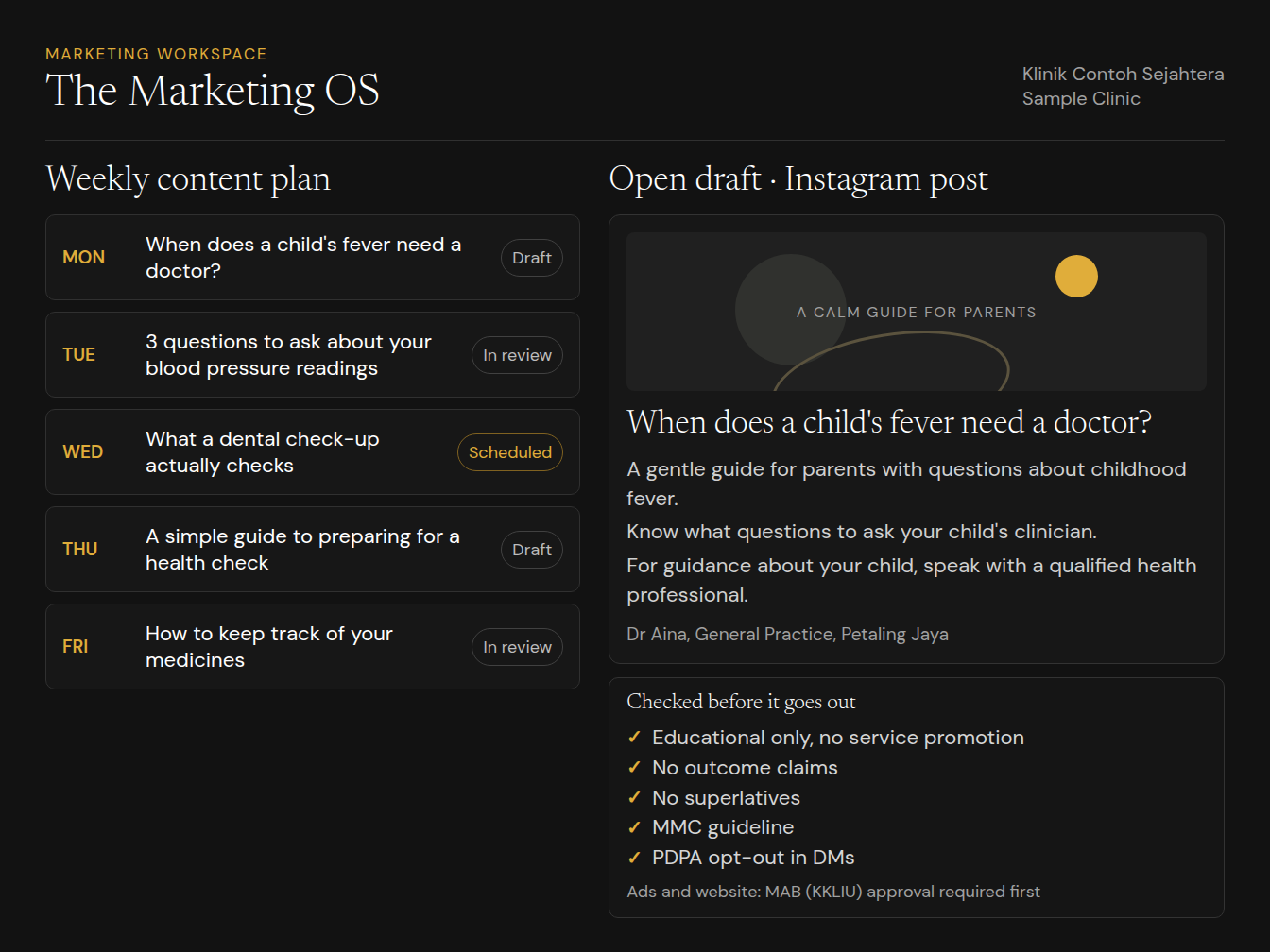Demo of the Marketing OS with a weekly teaching content plan and a compliance checklist
