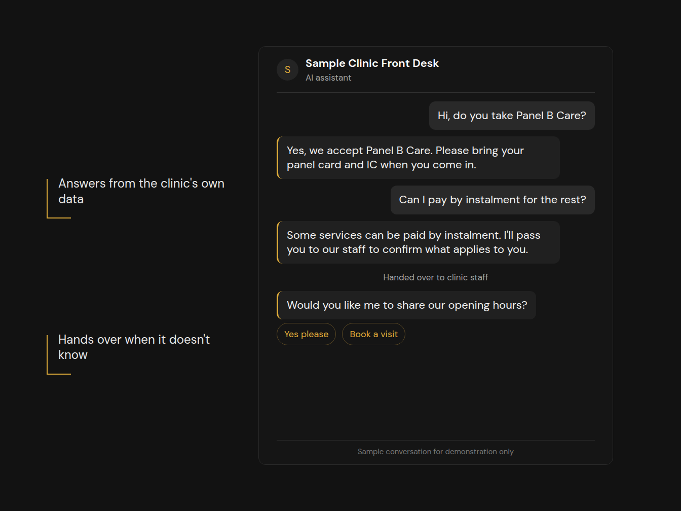 Demo chat where the AI Front Desk answers a panel and instalment question, then hands over to staff